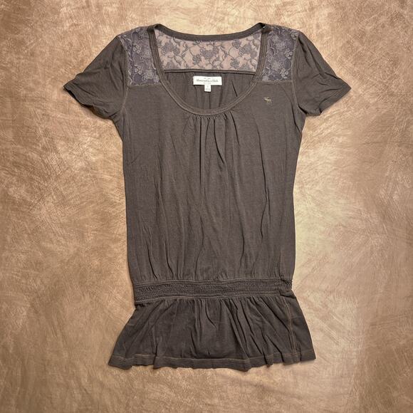 Abercrombie & Fitch Floral Lace Mesh Drop Waist Top Short Sleeve Shirt Brown Y2K - Picture 7 of 7